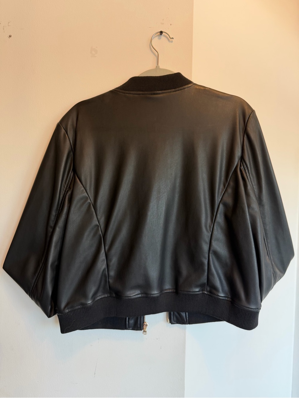 Dynamite Black Faux Leather Bomber with Ribbed Trim - Picture 2 of 8